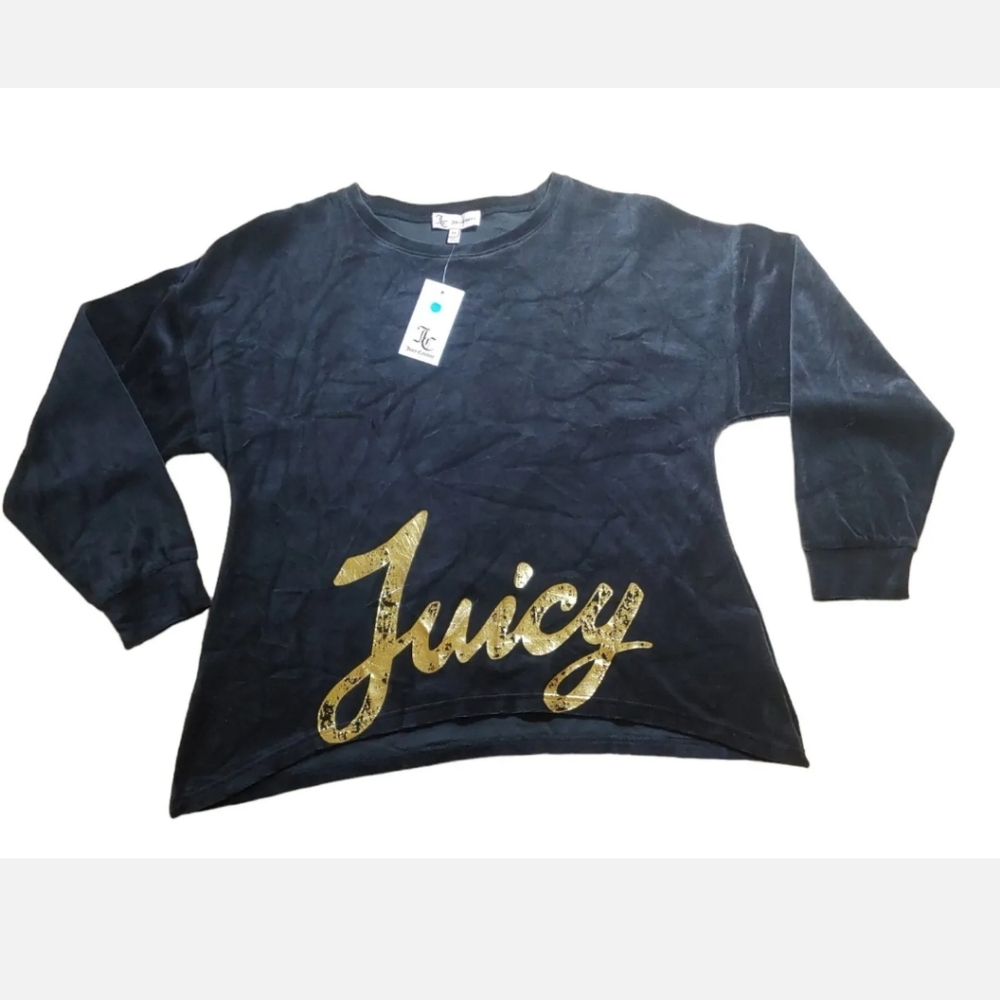 Juicy Couture Velvet Top Woman XS Black Spellout Gold Sweatshirt Y2K Vintage NWT